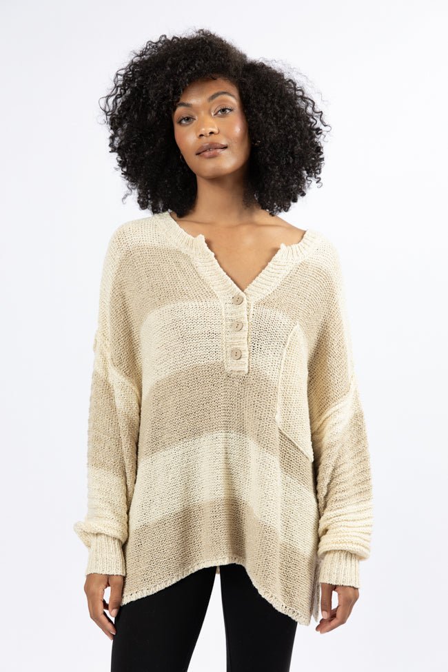 Know You Best Beige Oversized Striped Henley Sweater SALE