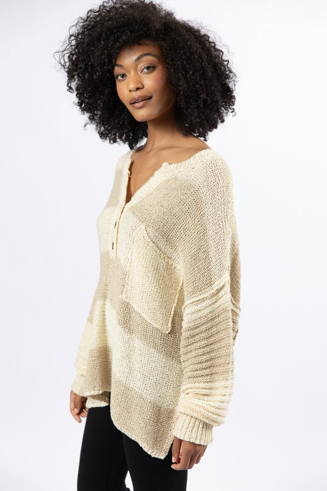 Know You Best Beige Oversized Striped Henley Sweater SALE