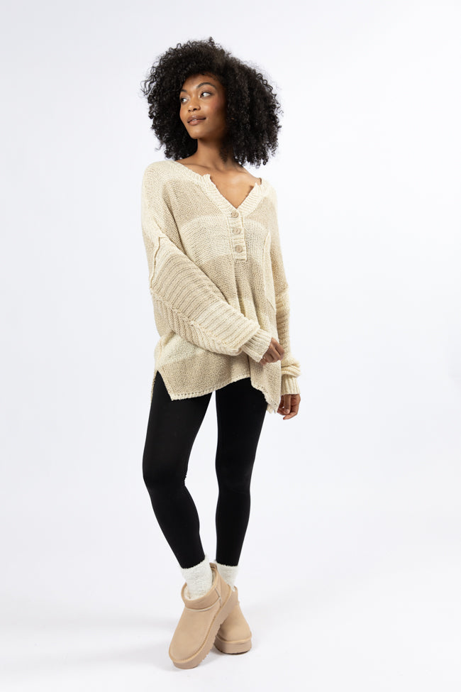 Know You Best Beige Oversized Striped Henley Sweater SALE