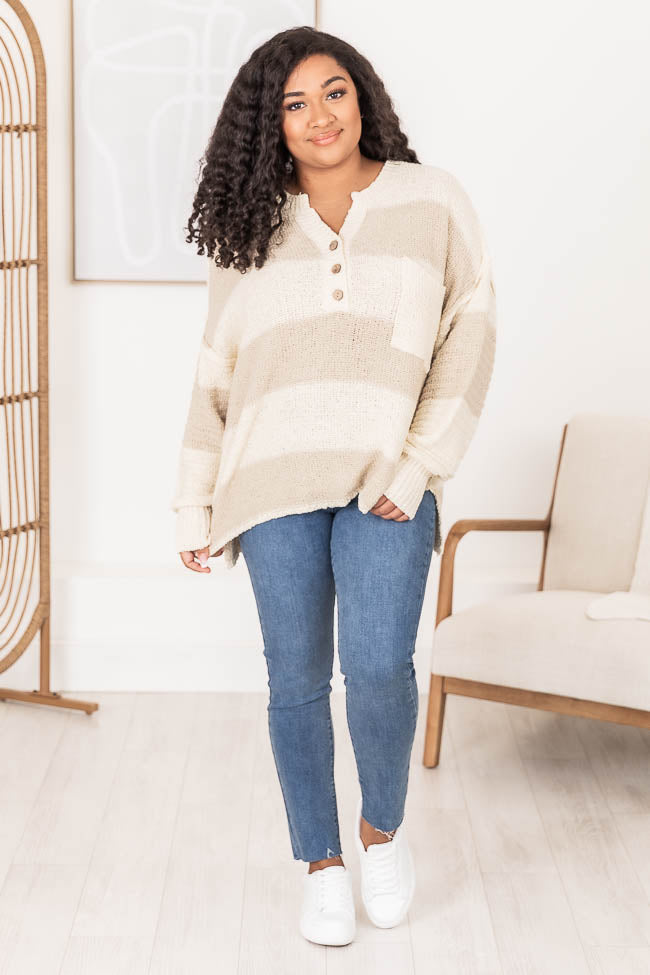 Know You Best Beige Oversized Striped Henley Sweater SALE