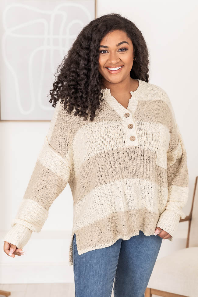 Know You Best Beige Oversized Striped Henley Sweater SALE
