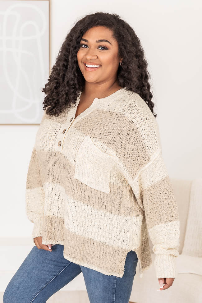 Know You Best Beige Oversized Striped Henley Sweater SALE