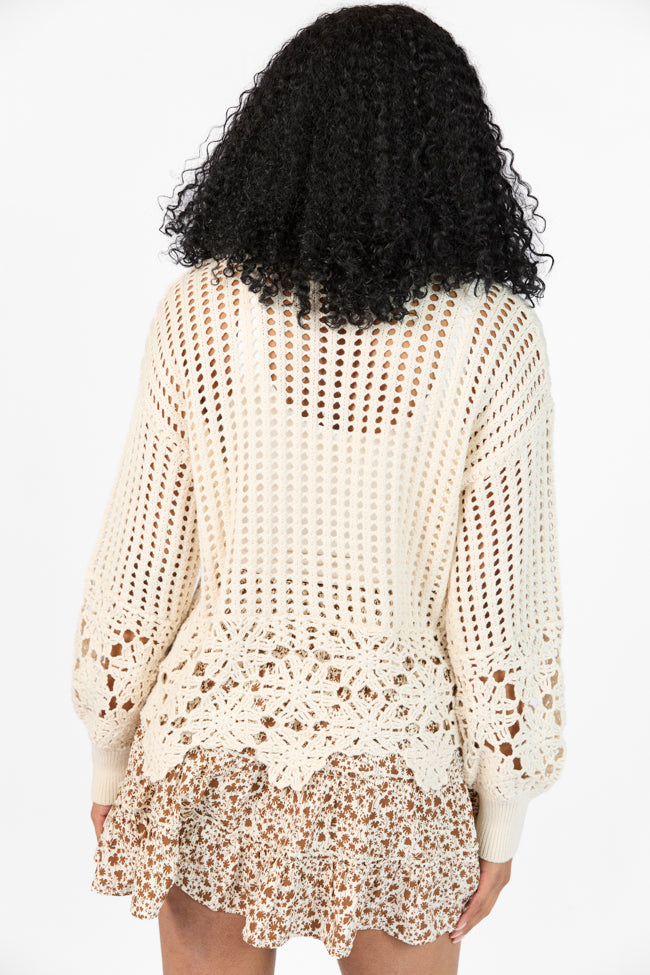 A Little Dramatic Crew Flower Trim Crochet Sweater SALE