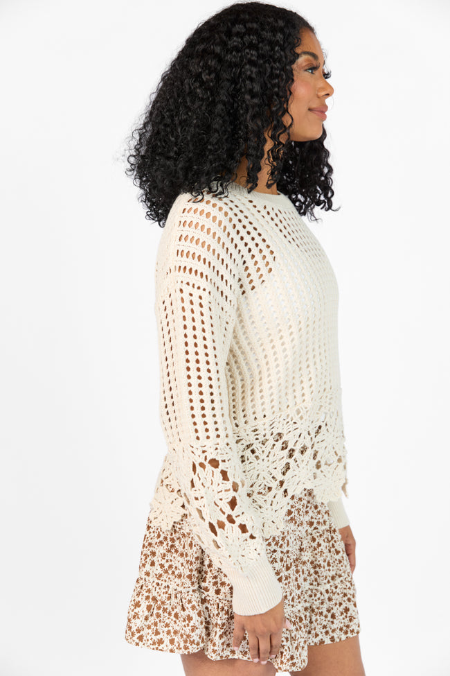 A Little Dramatic Crew Flower Trim Crochet Sweater SALE