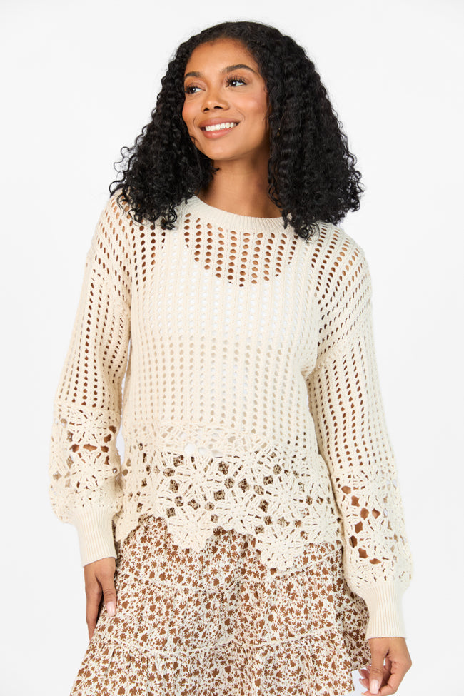 A Little Dramatic Crew Flower Trim Crochet Sweater SALE