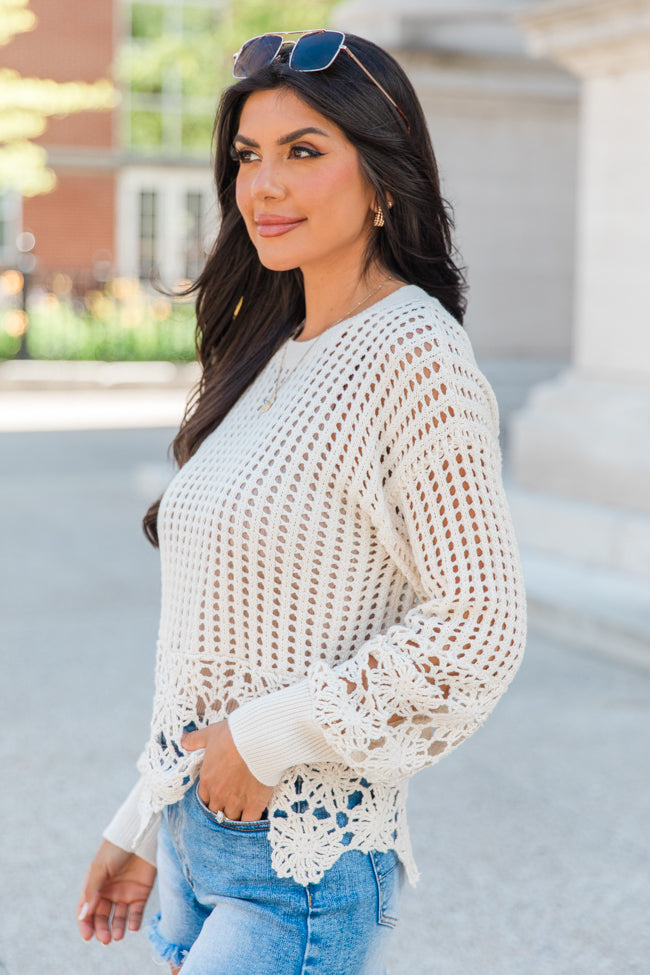 A Little Dramatic Crew Flower Trim Crochet Sweater SALE