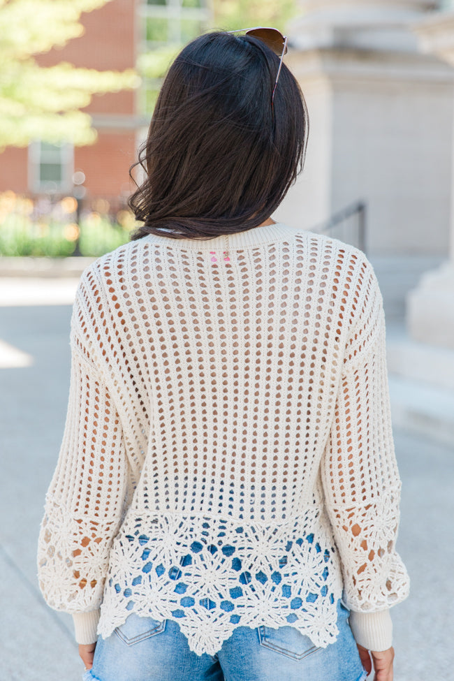 A Little Dramatic Crew Flower Trim Crochet Sweater SALE