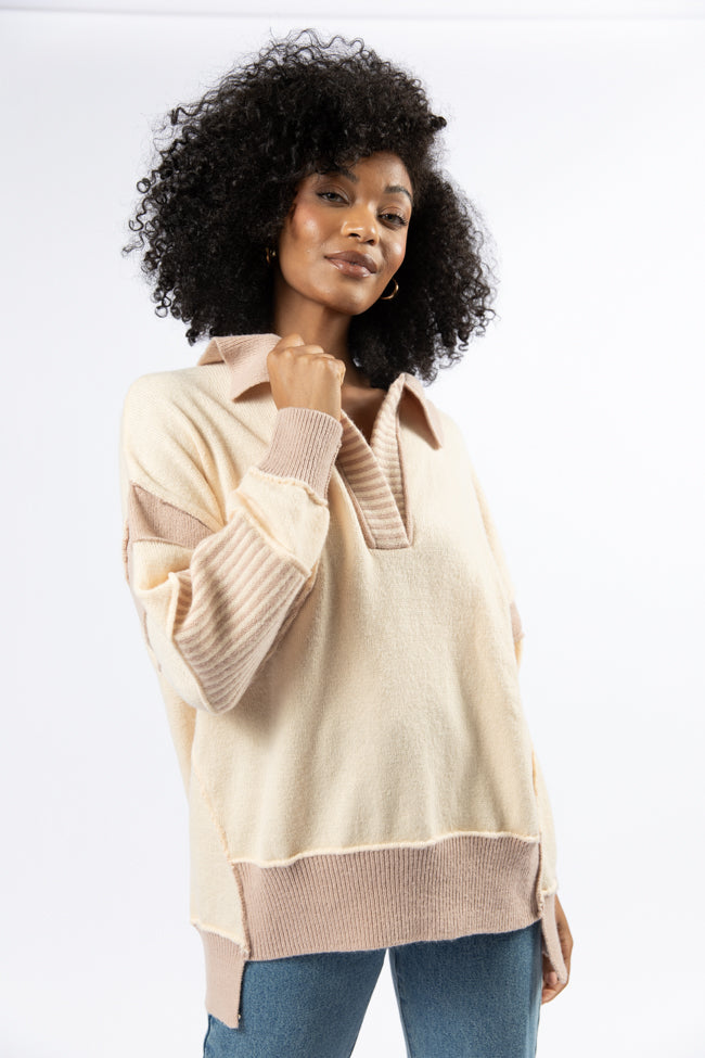 Think About It Cream and Mauve Collared Oversized Sweater SALE
