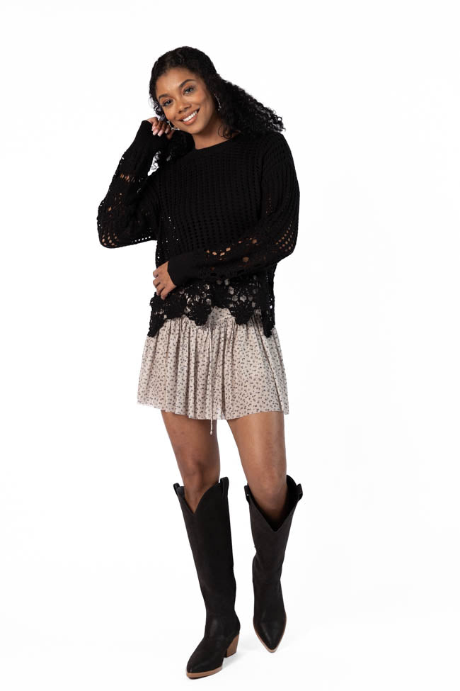 A Little Dramatic Black Flower Trim Crochet Sweater SALE
