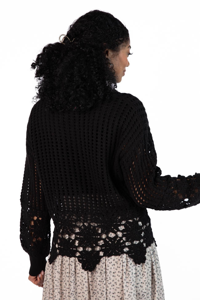 A Little Dramatic Black Flower Trim Crochet Sweater SALE