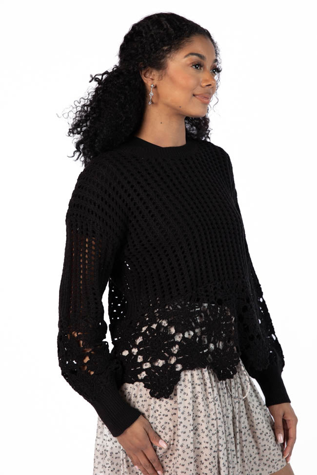 A Little Dramatic Black Flower Trim Crochet Sweater SALE