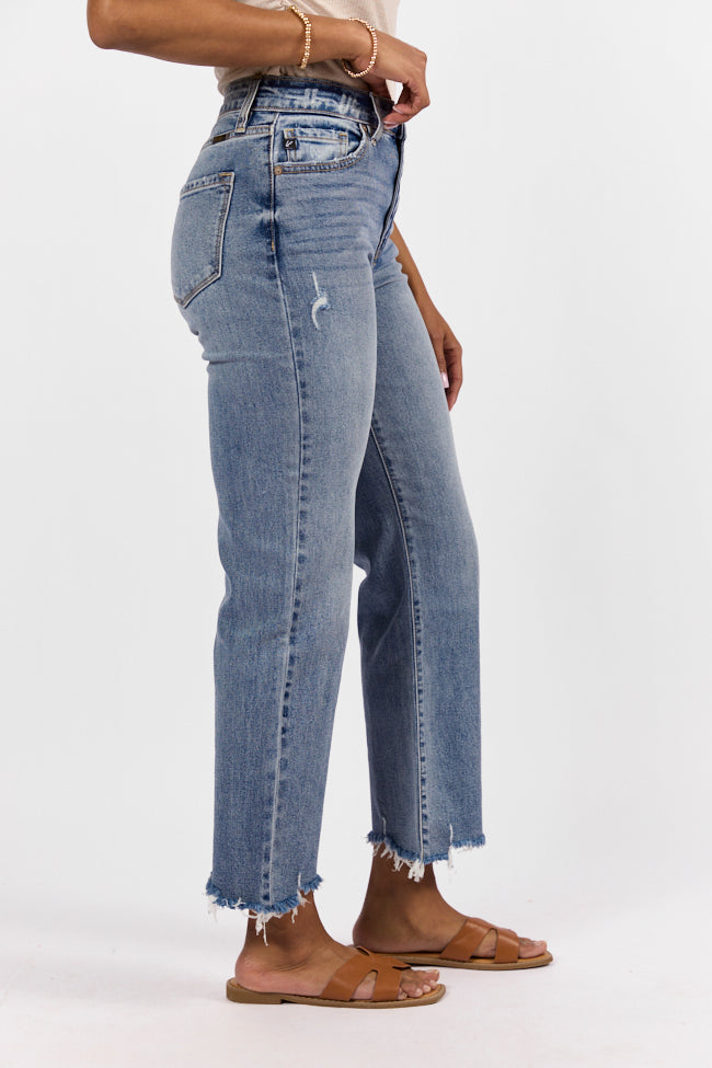 Briauna Light Wash Distressed Hem Ankle Length Wide Leg Jeans SALE