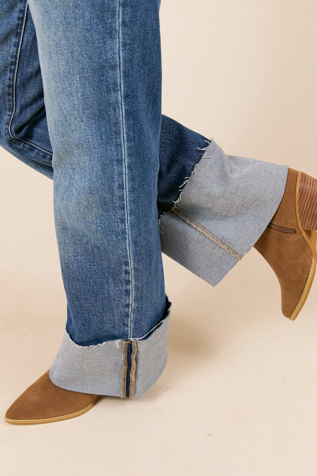 Jolie Dark Wash Mid Rise Wide Flare Cuffed Jeans SALE