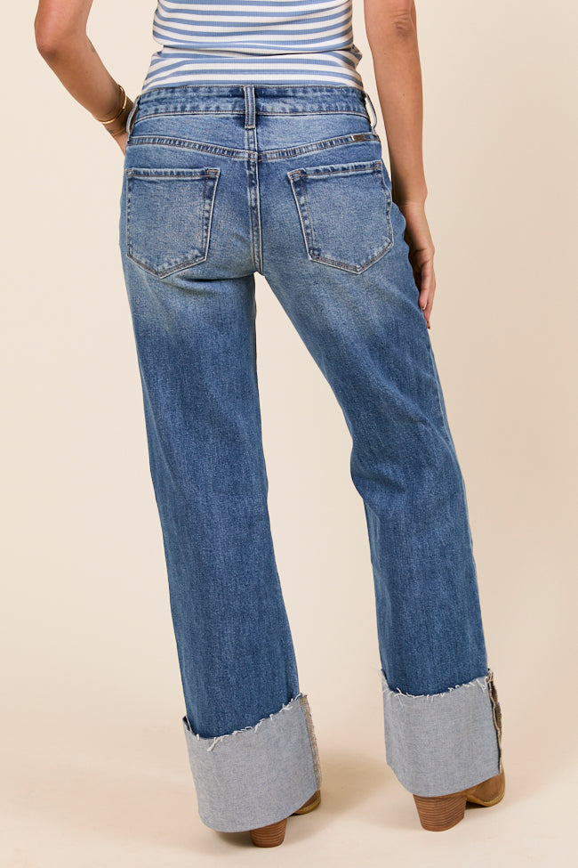 Jolie Dark Wash Mid Rise Wide Flare Cuffed Jeans SALE