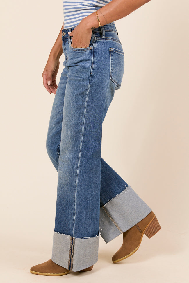Jolie Dark Wash Mid Rise Wide Flare Cuffed Jeans SALE