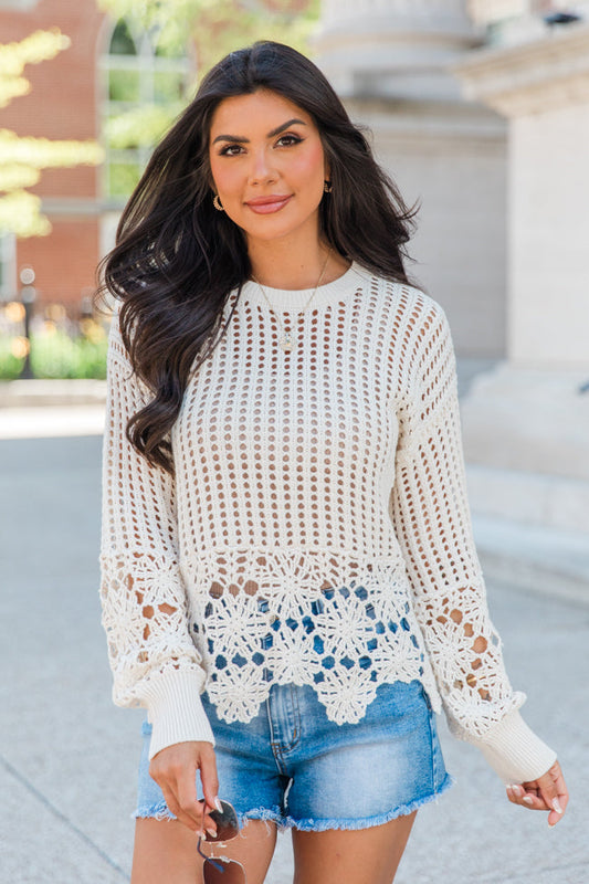 A Little Dramatic Crew Flower Trim Crochet Sweater SALE