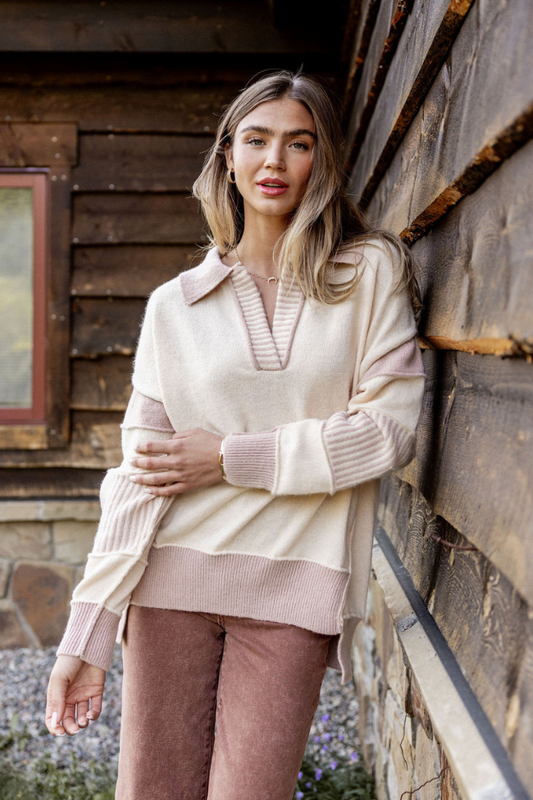 Think About It Cream and Mauve Collared Oversized Sweater SALE