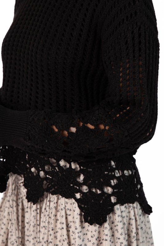A Little Dramatic Black Flower Trim Crochet Sweater SALE