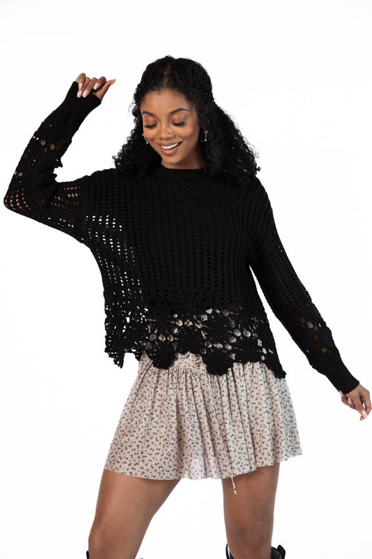 A Little Dramatic Black Flower Trim Crochet Sweater SALE