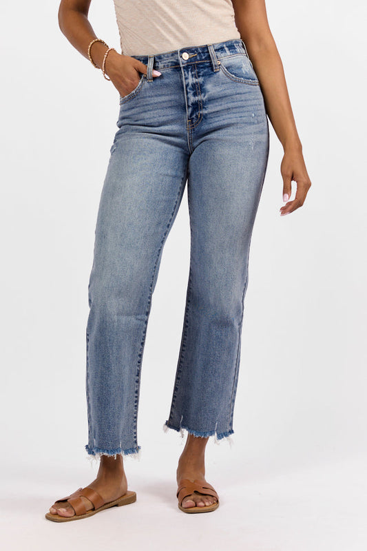 Briauna Light Wash Distressed Hem Ankle Length Wide Leg Jeans SALE