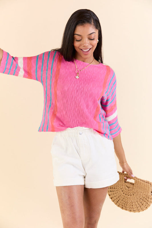 Swept Away Pink Striped Sleeve Sweater SALE