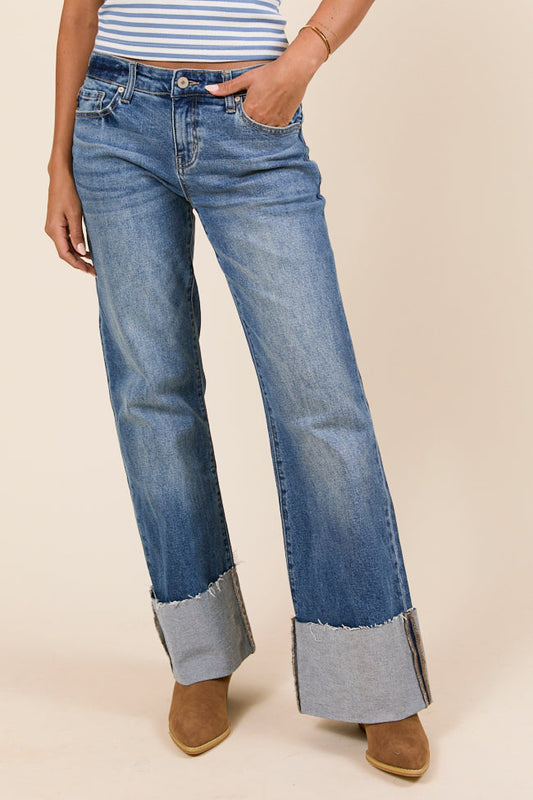 Jolie Dark Wash Mid Rise Wide Flare Cuffed Jeans SALE